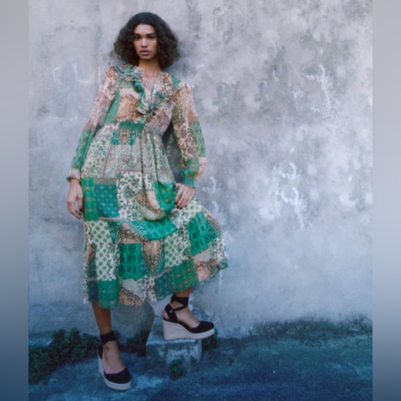 ZARA PATCHWORK PRINT MIDI DRESS - Picture 7 of 10